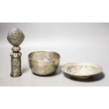 Two Tibetan white metal bowls, similar seal stamp19cm