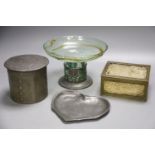 Three Arts & Crafts pewter items and a pierced hardstone box(a.f.).Including an unmarked Tudric