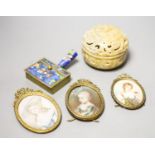 Three miniatures of ladies on ivory, early 20th century and a soapstone lidded pot and enamelled