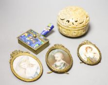 Three miniatures of ladies on ivory, early 20th century and a soapstone lidded pot and enamelled