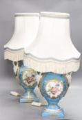 A pair of Sevres style porcelain table lamps with shades56cm total height incl shades