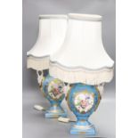 A pair of Sevres style porcelain table lamps with shades56cm total height incl shades