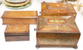 A Regency cut brass inlaid rosewood sewing box and three other boxes