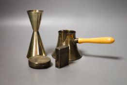 A 20th century Egyptian white metal brandy pan, a plated Dupont lighter, double measure and