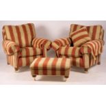 A pair of Duresta armchairs, width 94cm, depth 90cm, height 90cm and matching footstool in striped