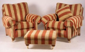 A pair of Duresta armchairs, width 94cm, depth 90cm, height 90cm and matching footstool in striped