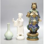 A Chinese blanc de chine figure, and Shiwan pottery figure and a celadon glazed bottle vase