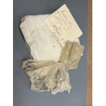 A George III handkerchief with George III cypher and three pieces of lace (4)