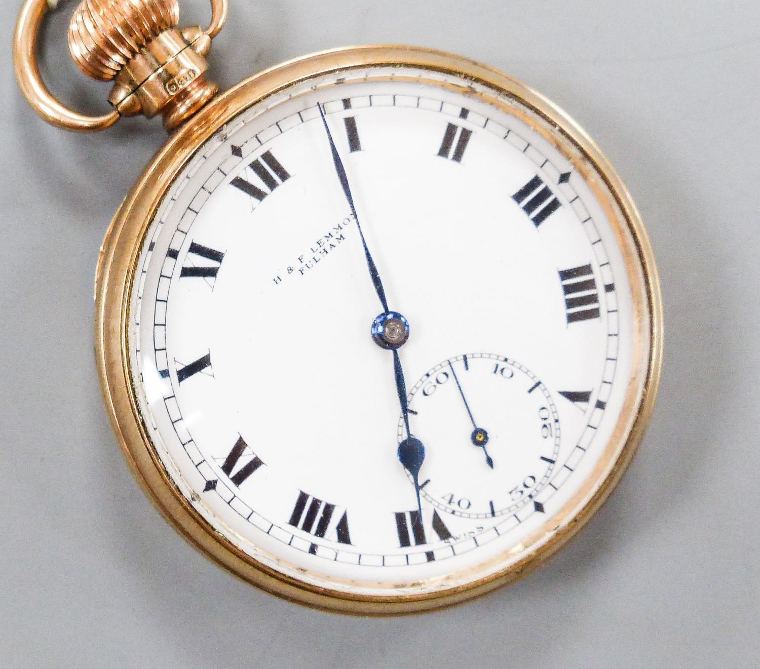 An early 20th century Swiss 9ct gold open faced keyless pocket watch, movement signed Record W.