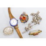 A white metal, paste and enamel set brooch, 40mm, a silver albert, two brooches and a lady's white