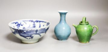 A Chinese robin’s egg glazed vase, a Chinese blue and white ‘dragon’ bowl and a green glazed water