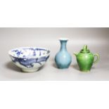 A Chinese robin’s egg glazed vase, a Chinese blue and white ‘dragon’ bowl and a green glazed water