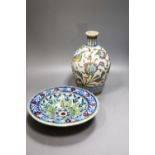 A Persian Iznik style pottery bowl and a Persian Qajar dynasty vase, 22.5cm