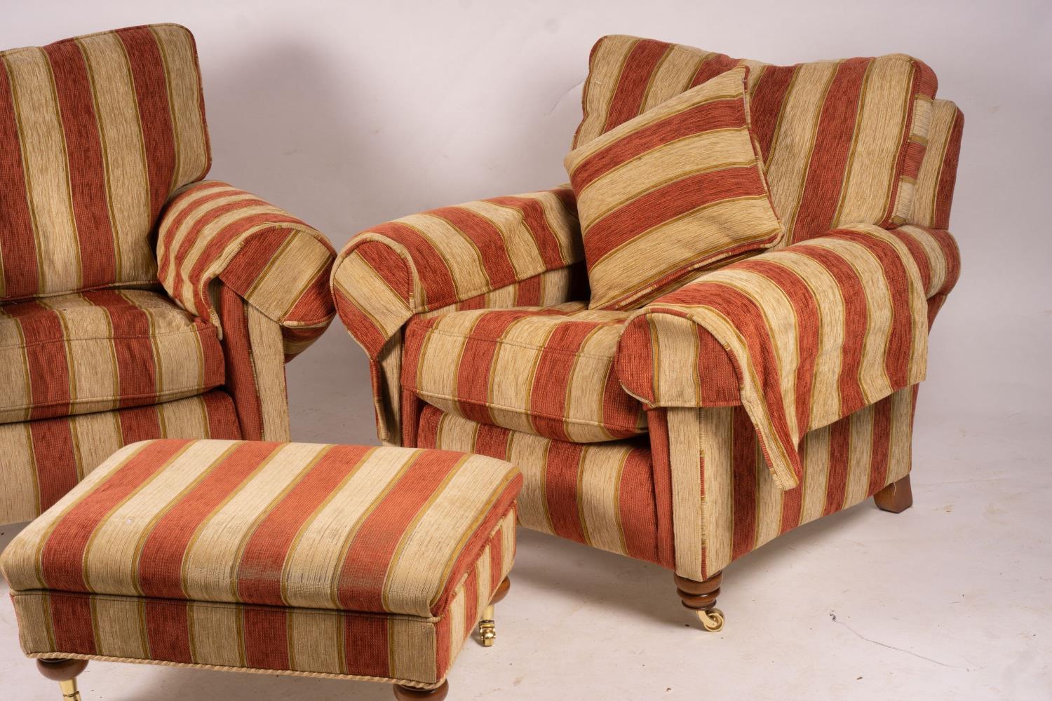 A pair of Duresta armchairs, width 94cm, depth 90cm, height 90cm and matching footstool in striped - Image 3 of 7
