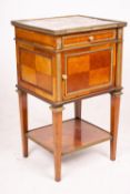 An early 20th century French marble top mahogany bedside cabinet, width 42cm, depth 38cm, height