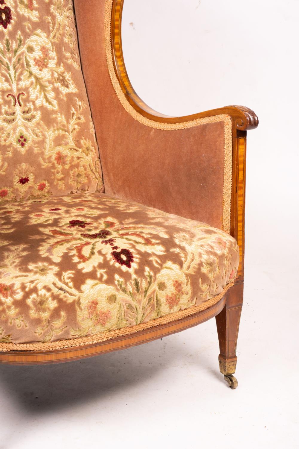 A pair of Edwardian satinwood banded mahogany wing armchairs, width 56cm, depth 75cm, height 110cm - Image 6 of 9