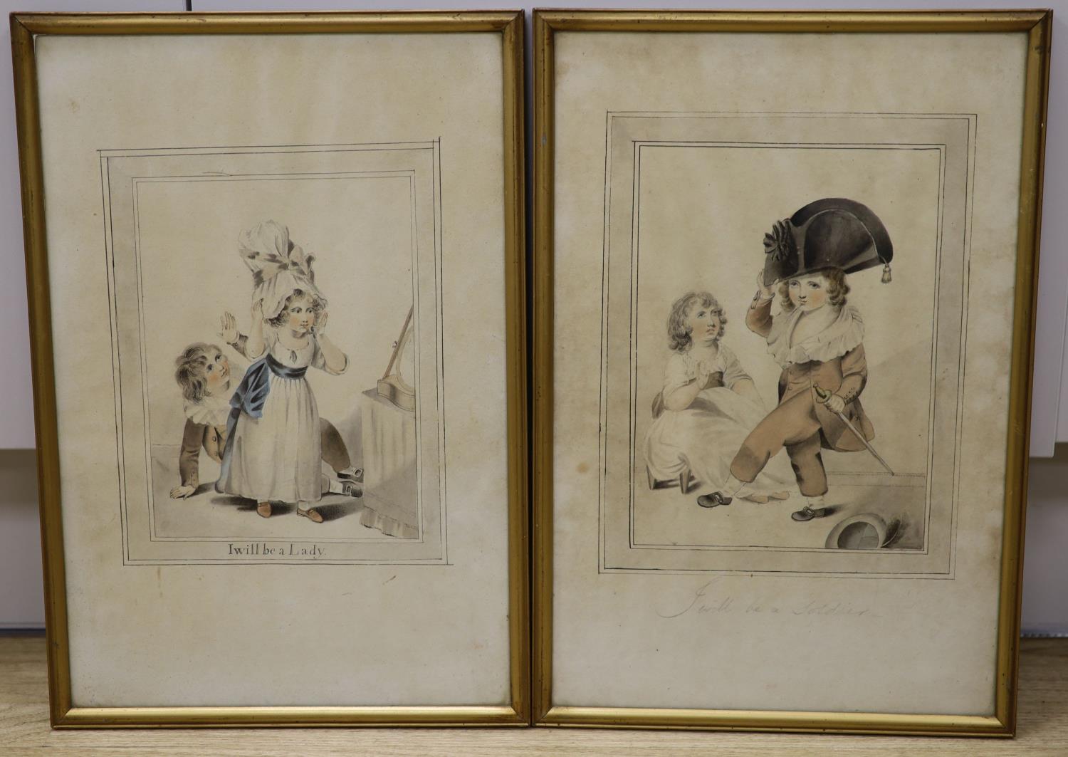 19th century English School, a pair of watercolour of children dressing up, ‘I will be a Lady’ & ‘