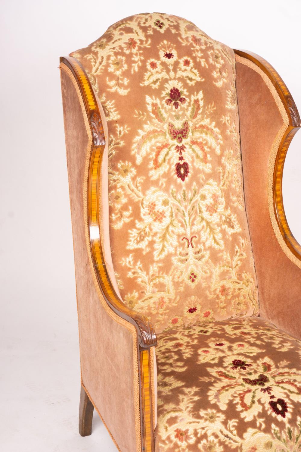 A pair of Edwardian satinwood banded mahogany wing armchairs, width 56cm, depth 75cm, height 110cm - Image 2 of 9