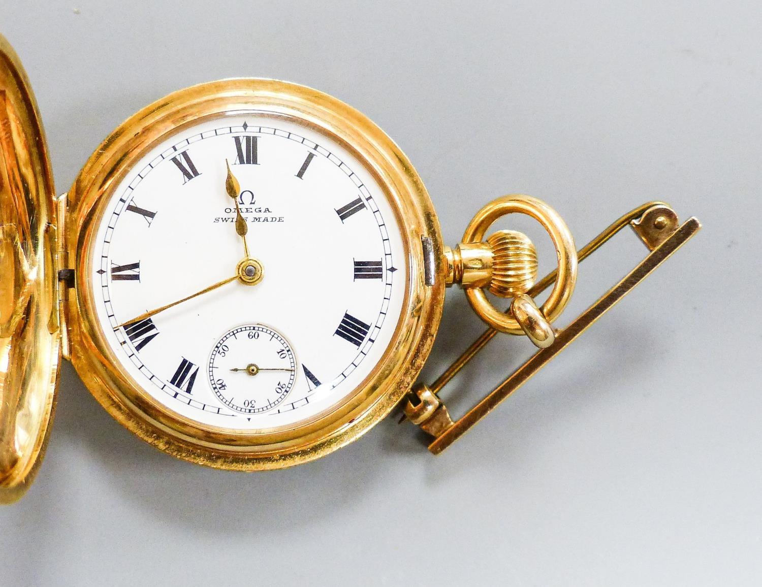 An engraved 18k Omega half hunter fob watch, cased diameter, 34mm, with a 9ct gold suspension - Image 3 of 3
