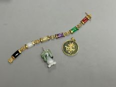 A Chinese multi coloured jadeite bracelet, and two jadeite pendants
