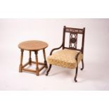 A Victorian salon chair, a Victorian side chair, square oak occasional table and a circular table