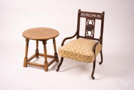 A Victorian salon chair, a Victorian side chair, square oak occasional table and a circular table