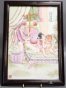 A part set of eleven framed Chinese porcelain plaques, zodiac erotic subjects36x24cm