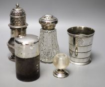 A Victorian silver travelling telescopic cup, Wright & Davis, London, 1881, 89mm, two sugar casters,