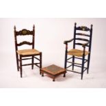 Two 19th / early 20th century Swiss painted rush seat chairs, together with a square low table