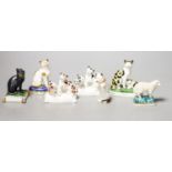 Six French porcelain cat figures or groups, and a similar sheep figure, late 19th
