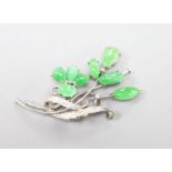 A white metal (stamped Plat), jade and diamond cluster set spray brooch, 50mm, gross weight 11.8