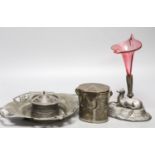 A Victorian epergne, WMF dish and a pewter inkwell etc.