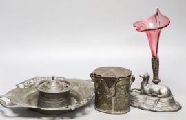 A Victorian epergne, WMF dish and a pewter inkwell etc.