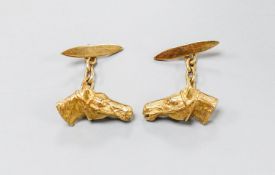 A modern pair of 9ct gold horse head cufflinks, 20mm, 10.3 grams.