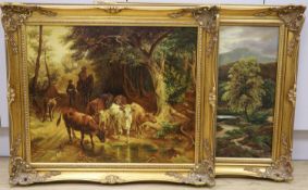 Campbell - (20th century British school), oil on canvas, Figures driving cattle on a wooded track,