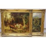 Campbell - (20th century British school), oil on canvas, Figures driving cattle on a wooded track,