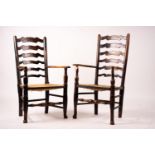 A pair of early 19th century Lancashire ash and fruitwood rush seat ladderback elbow chairs, width