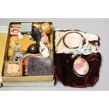 A collection of cabinet curiosities including beadwork purses, thimbles, Tunbridgeware stamp case,