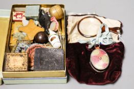 A collection of cabinet curiosities including beadwork purses, thimbles, Tunbridgeware stamp case,