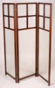 An Edwardian glazed mahogany three fold screen, each panel width 51cm, height 157cm