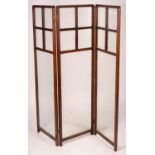 An Edwardian glazed mahogany three fold screen, each panel width 51cm, height 157cm