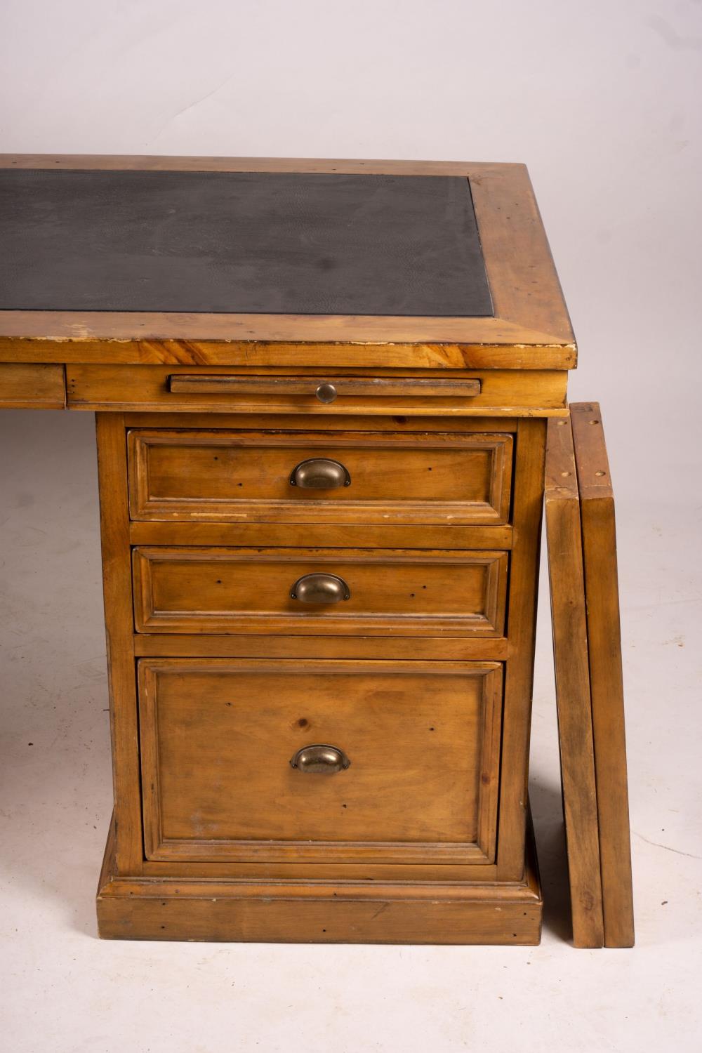 A reproduction pine kneehole desk, width 174cm, depth 79cm, height 86cm together with a matching - Image 3 of 9