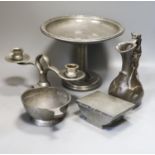 J Garnier - cast pewter jug in Art Nouveau style, Two Liberty's Tudric hammered pewter items and two