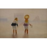 Modern British, pastel, girls on the seashore, signed Tyther, 19 x 30cm.