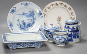 A Chinese blue and white bulb dish and a three piece teaset, a Delft plate and an English