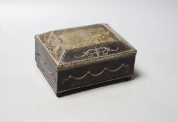 A silver-mounted tortoiseshell pique rectangular trinket box, by William Comyns, raised on four ball