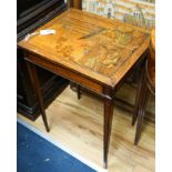 A 19th century Continental walnut side table, the top with penwork decoration and a tinted scene