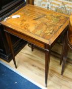 A 19th century Continental walnut side table, the top with penwork decoration and a tinted scene