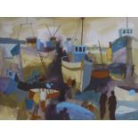 Richard Tuff (b.1965), watercolour and gouache, 'Repairing Sardine Trawlers', signed, 36 x 49cm