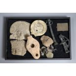 A group of curios including three pre-Columbian pottery fragments, Islamic coins and amulets, etc